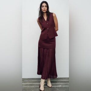 Zara Burgundy Pleated Skirt & Vest (Size M)